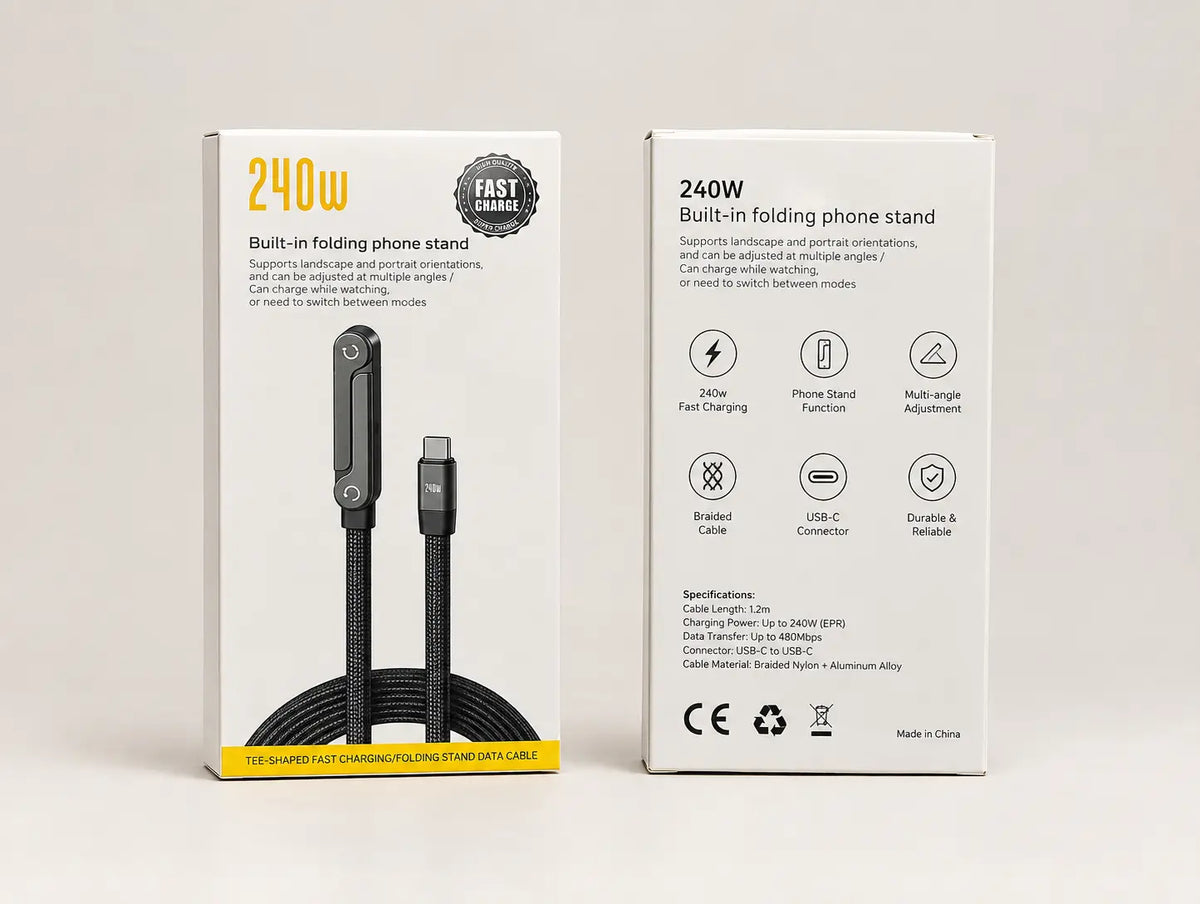 240W Fast Charging USB-C Cable with Folding Phone Stand